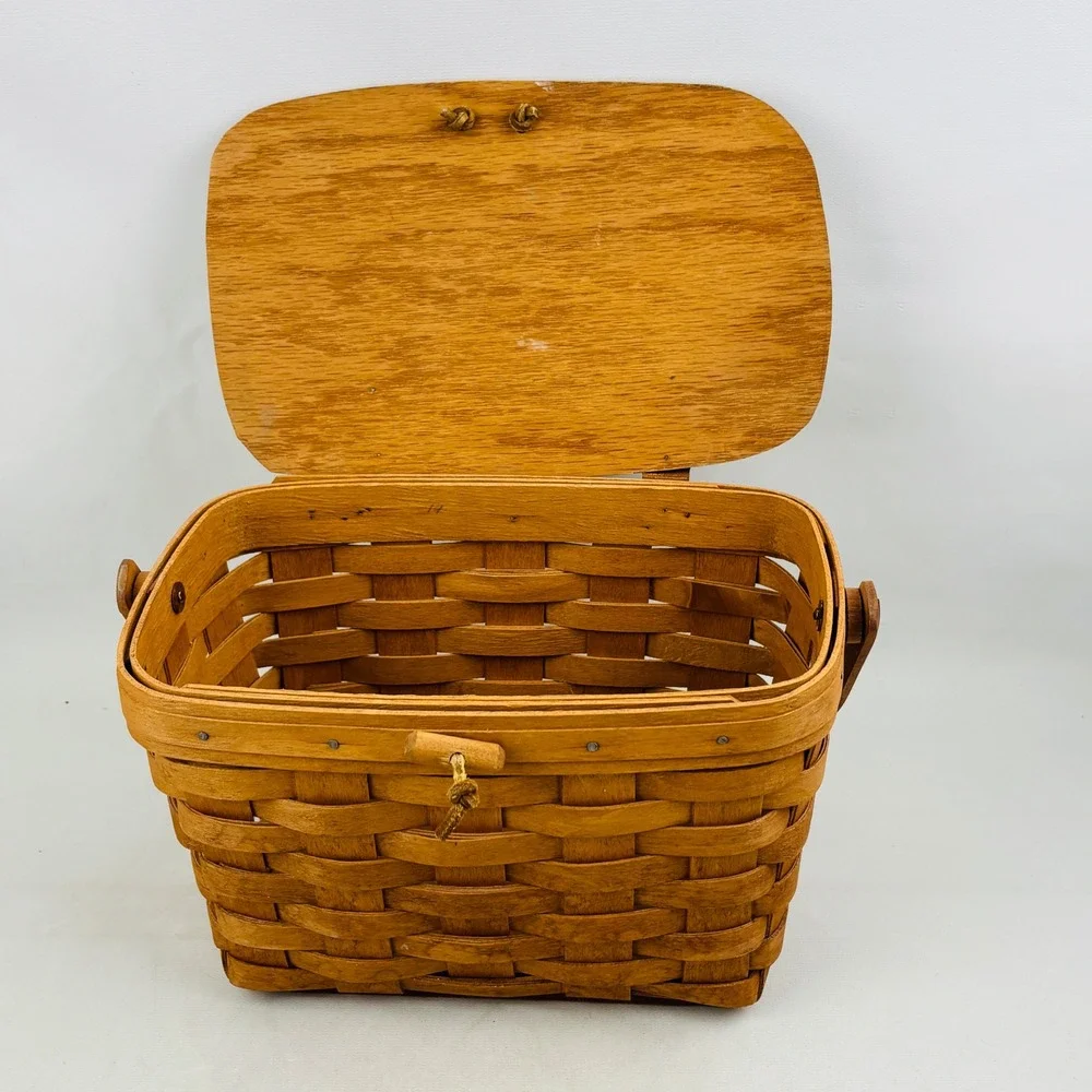 Vintage Longaberger Small Wood Picnic Basket Moving‎ Handle Brown Handwoven 1991